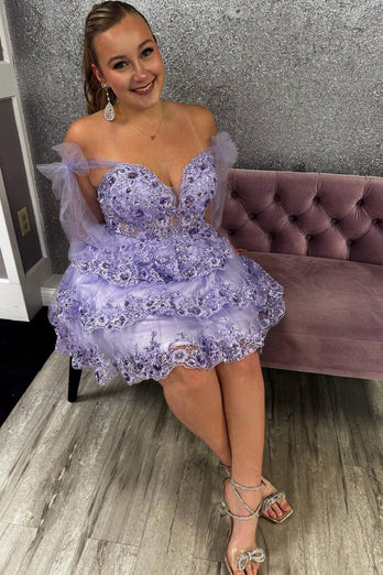 Sparkly Lavender A Line Beaded Short Homecoming Dress with Lace