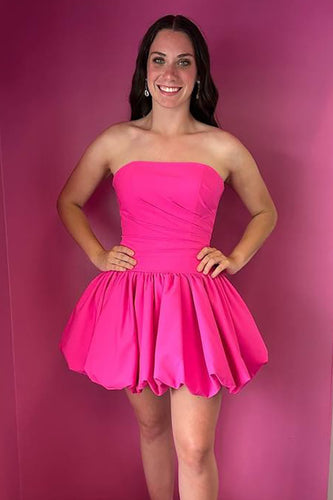 Fuchsia A Line Satin Strapless Short Homecoming Dress