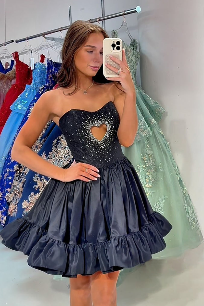 Load image into Gallery viewer, Sparkly Black A line Satin Beaded Short Homecoming Dress with Ruffles