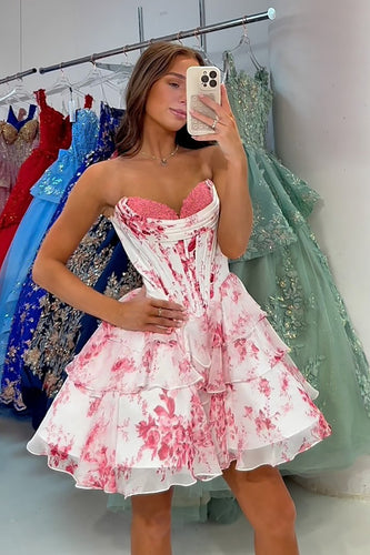 Floral Pink A line Short Corset Homecoming Dress with Appliques