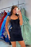 Load image into Gallery viewer, Sparkly Black Tight Ruched Short Corset Homecoming Dress with Bow