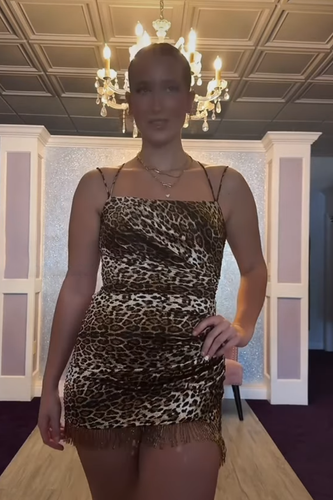 Brown Leopard Tight Short Homecoming Dress with Fringes
