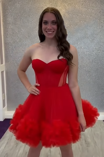 Red A Line Tulle Short Corset Homecoming Dress with Ruffles