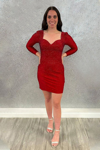 Sparkly Red Satin Tight Short Homecoming Dress with Sleeves