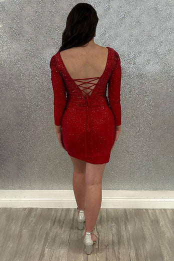 Sparkly Red Satin Tight Short Homecoming Dress with Sleeves