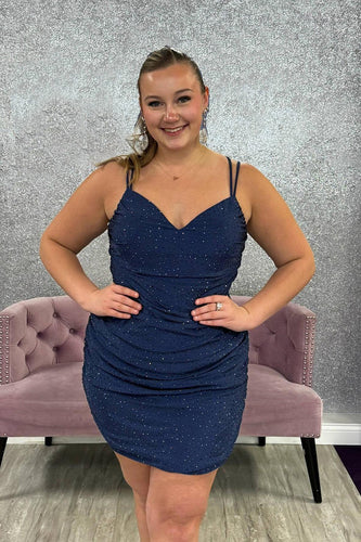 Sparkly Navy Satin Tight Ruched Short Homecoming Dress