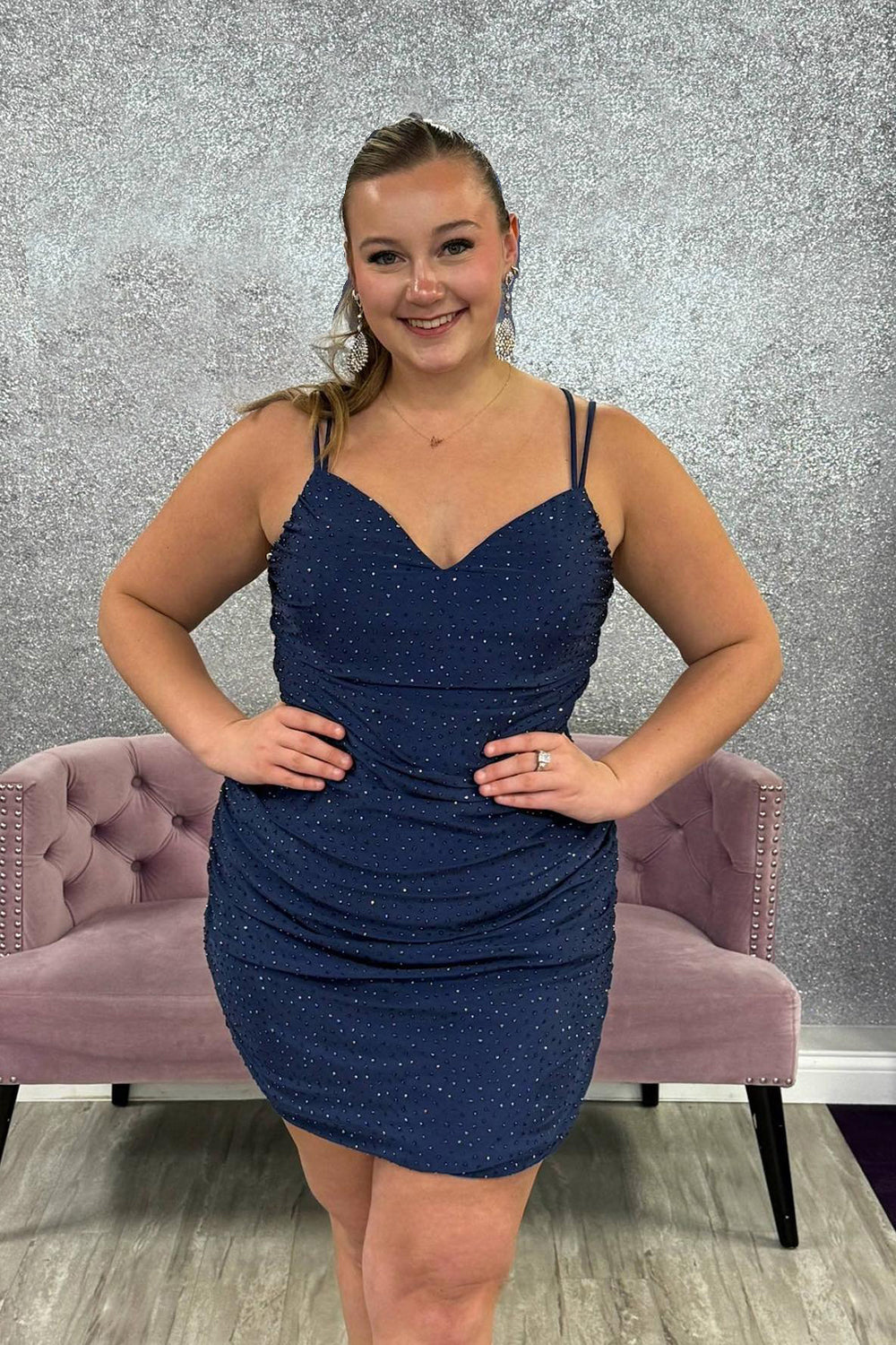 Sparkly Navy Satin Tight Ruched Short Homecoming Dress
