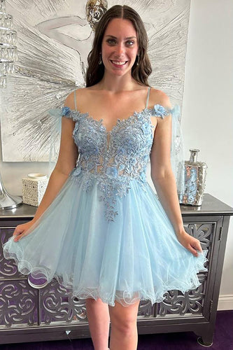 Light Blue A line Tulle Short Homecoming Dress with Appliques