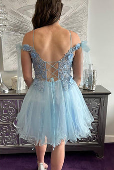 Light Blue A line Tulle Short Homecoming Dress with Appliques