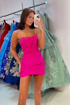 Fuchsia Ruched Tight Appliqued Short Corset Homecoming Dress