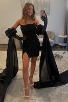 Load image into Gallery viewer, Sparkly Black Sequins Tight Short Corset Homecoming Dress with Slit