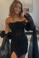 Load image into Gallery viewer, Sparkly Black Sequins Tight Short Corset Homecoming Dress with Slit