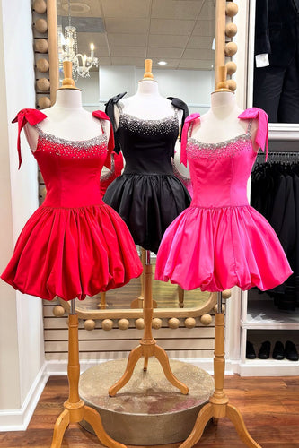 Black A Line Satin Beaded Short Homecoming Dress with Bows