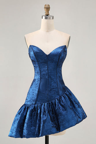 Dark Blue Corset Metallic Strapless Asymmetrical Homecoming Dress