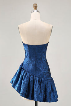 Dark Blue Corset Metallic Strapless Asymmetrical Homecoming Dress