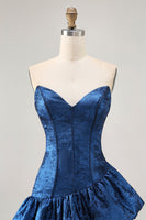Load image into Gallery viewer, Dark Blue Corset Metallic Strapless Asymmetrical Homecoming Dress