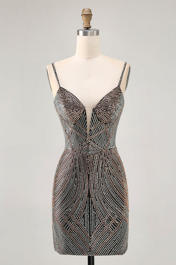Sparkly Black Backless Tight Short Homecoming Dress with Beading