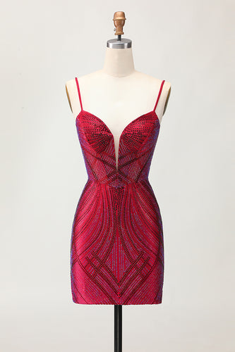 Sparkly Burgundy Short Tight Backless Homecoming Dress with Beading