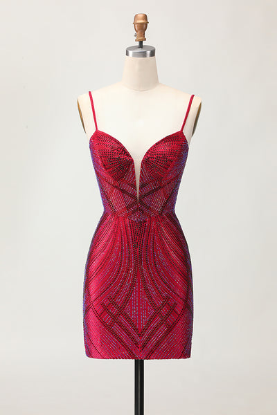 Sparkly Burgundy Short Tight Backless Homecoming Dress with Beading