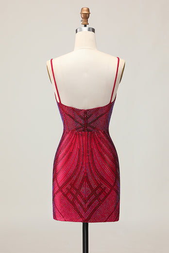 Sparkly Burgundy Short Tight Backless Homecoming Dress with Beading