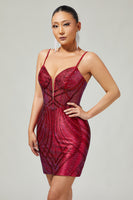 Load image into Gallery viewer, Sparkly Burgundy Short Tight Backless Homecoming Dress with Beading