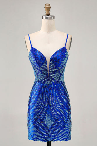 Sparkly Royal Blue Backless Tight Short Homecoming Dress with Beading