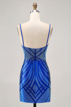 Sparkly Royal Blue Backless Tight Short Homecoming Dress with Beading