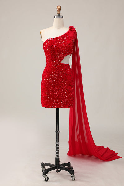 Sparkly Red One Shoulder Short Homecoming Dress with Cape