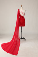 Load image into Gallery viewer, Sparkly Red One Shoulder Short Homecoming Dress with Cape