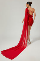 Load image into Gallery viewer, Sparkly Red One Shoulder Short Homecoming Dress with Cape