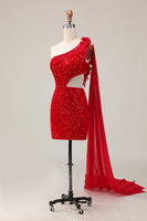 Load image into Gallery viewer, Sparkly Red One Shoulder Short Homecoming Dress with Cape