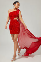 Load image into Gallery viewer, Sparkly Red One Shoulder Short Homecoming Dress with Cape