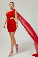 Load image into Gallery viewer, Sparkly Red One Shoulder Short Homecoming Dress with Cape