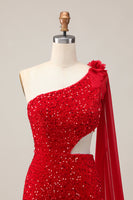 Load image into Gallery viewer, Sparkly Red One Shoulder Short Homecoming Dress with Cape