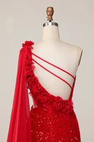 Load image into Gallery viewer, Sparkly Red One Shoulder Short Homecoming Dress with Cape