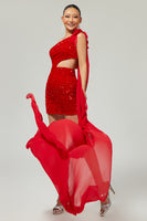 Load image into Gallery viewer, Sparkly Red One Shoulder Short Homecoming Dress with Cape