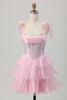 Load image into Gallery viewer, Sparkly Pink Corset Tiered Ruched Short Homecoming Dress with Beading
