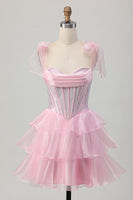Load image into Gallery viewer, Sparkly Pink Corset Tiered Ruched Short Homecoming Dress with Beading