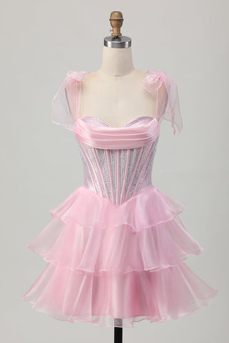 Sparkly Pink Corset Tiered Ruched Short Homecoming Dress with Beading