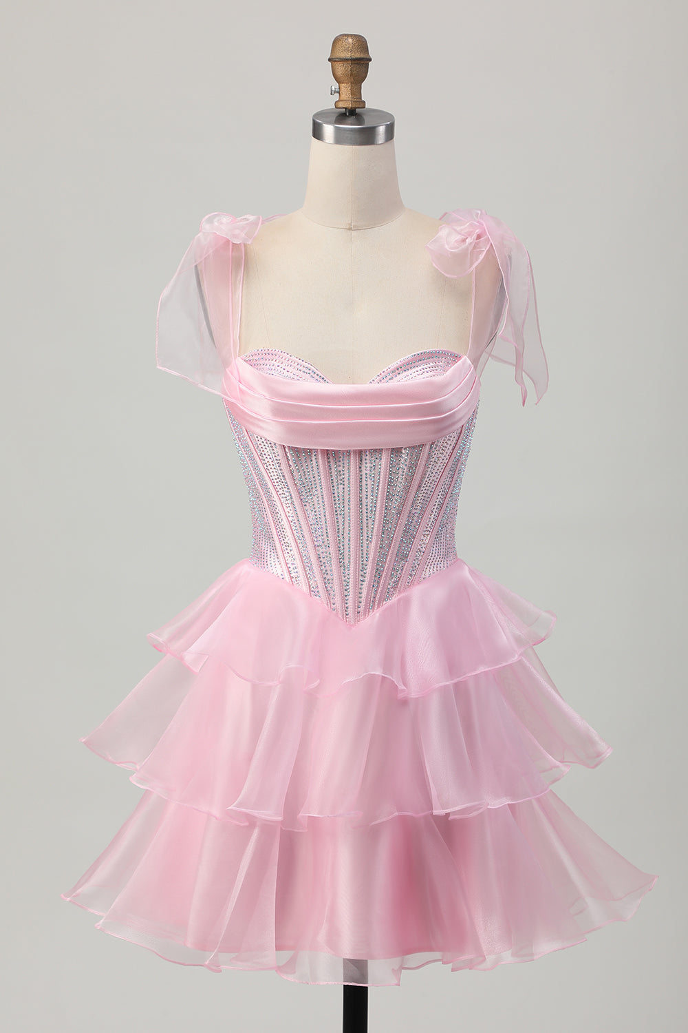 Sparkly Pink Corset Tiered Ruched Short Homecoming Dress with Beading