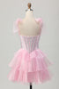 Load image into Gallery viewer, Sparkly Pink Corset Tiered Ruched Short Homecoming Dress with Beading