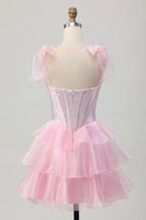 Load image into Gallery viewer, Sparkly Pink Corset Tiered Ruched Short Homecoming Dress with Beading