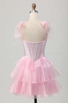 Sparkly Pink Corset Tiered Ruched Short Homecoming Dress with Beading
