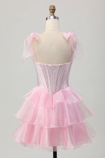 Sparkly Pink Corset Tiered Ruched Short Homecoming Dress with Beading