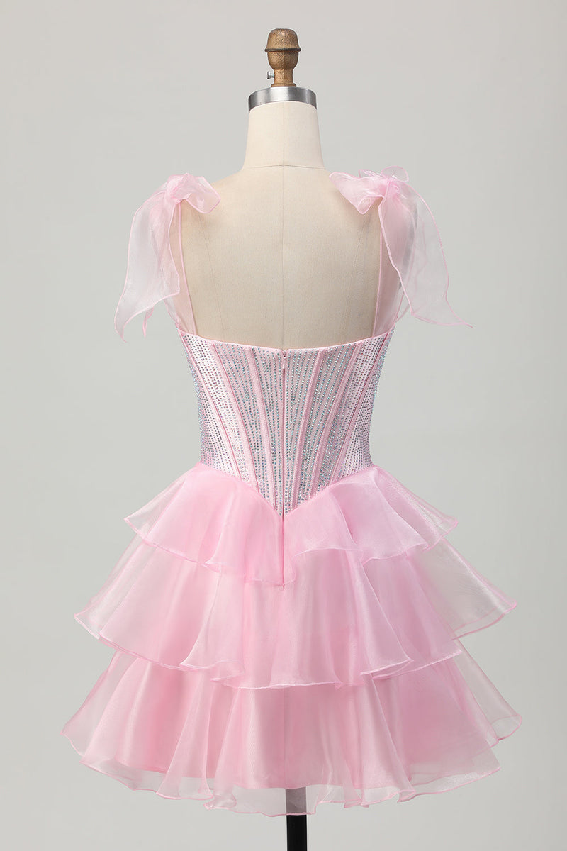 Load image into Gallery viewer, Sparkly Pink Corset Tiered Ruched Short Homecoming Dress with Beading