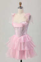 Load image into Gallery viewer, Sparkly Pink Corset Tiered Ruched Short Homecoming Dress with Beading