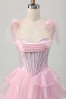 Load image into Gallery viewer, Sparkly Pink Corset Tiered Ruched Short Homecoming Dress with Beading