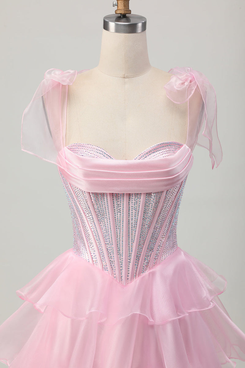 Load image into Gallery viewer, Sparkly Pink Corset Tiered Ruched Short Homecoming Dress with Beading