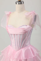 Load image into Gallery viewer, Sparkly Pink Corset Tiered Ruched Short Homecoming Dress with Beading