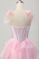 Load image into Gallery viewer, Sparkly Pink Corset Tiered Ruched Short Homecoming Dress with Beading